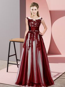 Burgundy Empire Scoop Sleeveless Tulle Floor Length Zipper Beading and Lace Damas Dress