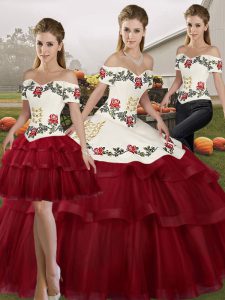 Wine Red Sleeveless Embroidery and Ruffled Layers Lace Up Quinceanera Gown