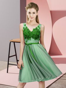 Empire Vestidos de Damas Green V-neck Tulle Sleeveless Knee Length Lace Up