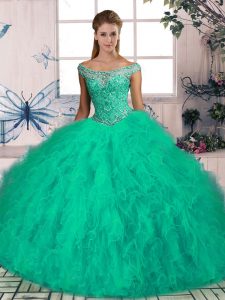 Traditional Lace Up Quinceanera Gown Turquoise for Sweet 16 with Beading and Ruffles Brush Train