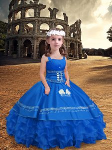 Blue Zipper Little Girl Pageant Gowns Embroidery and Ruffled Layers Sleeveless Floor Length