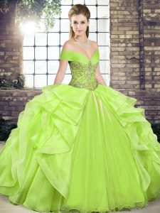 Free and Easy Yellow Green Ball Gowns Organza Off The Shoulder Sleeveless Beading and Ruffles Floor Length Lace Up Quinceanera Gowns