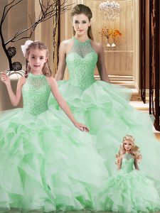Super Apple Green 15th Birthday Dress Sweet 16 and Quinceanera with Beading and Ruffles Halter Top Sleeveless Brush Train Lace Up