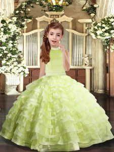 Most Popular Yellow Green Organza Backless Kids Pageant Dress Sleeveless Floor Length Beading and Ruffled Layers