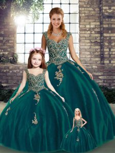 Perfect Peacock Green Ball Gowns Beading and Appliques Sweet 16 Quinceanera Dress Lace Up Tulle Sleeveless Floor Length