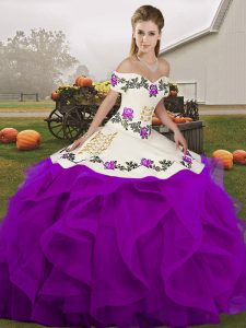 Custom Made Floor Length Ball Gowns Sleeveless White And Purple Quinceanera Gowns Lace Up