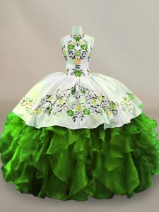 Green Ball Gowns Organza Halter Top Sleeveless Embroidery Floor Length Lace Up Quinceanera Dress
