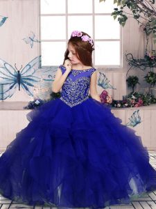 Beauteous Royal Blue Sleeveless Floor Length Beading and Ruffles Lace Up Little Girl Pageant Gowns