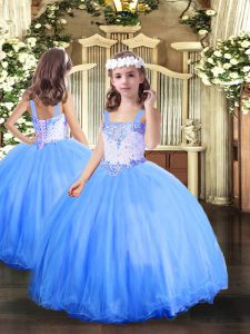 Baby Blue Tulle Lace Up Little Girls Pageant Gowns Sleeveless Floor Length Beading