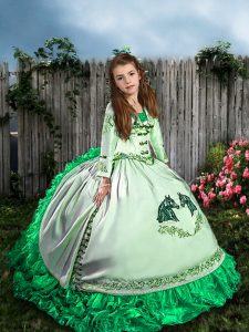 Sleeveless Embroidery and Ruffles Lace Up Girls Pageant Dresses with White Sweep Train