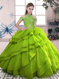 Olive Green Ball Gowns High-neck Sleeveless Organza Floor Length Lace Up Beading and Ruffled Layers Ball Gown Prom Dress