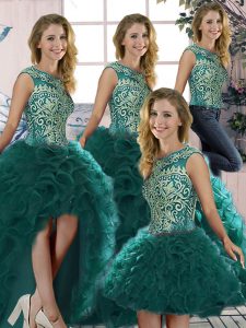 Peacock Green Lace Up Quinceanera Gowns Beading and Ruffles Sleeveless Floor Length
