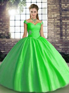 Excellent Green Ball Gowns Tulle Off The Shoulder Sleeveless Beading Floor Length Lace Up Quinceanera Dress