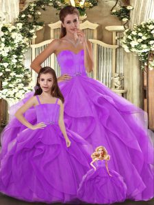 Low Price Lilac Sweetheart Neckline Beading and Ruffles 15th Birthday Dress Sleeveless Lace Up