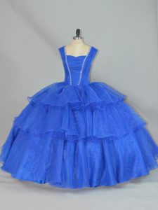 Eye-catching Blue Organza Lace Up Sweet 16 Quinceanera Dress Sleeveless Floor Length Beading and Ruffled Layers