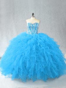 Fabulous Baby Blue Tulle Lace Up Sweetheart Sleeveless Floor Length Ball Gown Prom Dress Beading and Ruffles