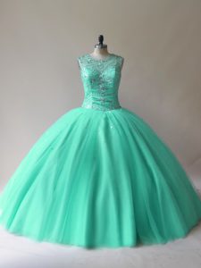 Floor Length Lace Up 15th Birthday Dress Aqua Blue for Sweet 16 and Quinceanera with Beading