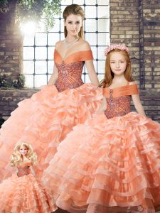 Best Organza Sleeveless Quince Ball Gowns Brush Train and Beading and Ruffled Layers