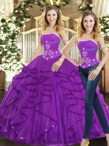 Strapless Sleeveless Lace Up Sweet 16 Dress Purple Tulle