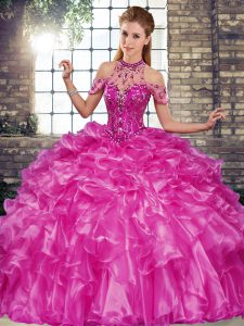 Sleeveless Floor Length Beading and Ruffles Lace Up Ball Gown Prom Dress with Fuchsia