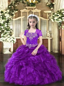 Straps Sleeveless Lace Up Pageant Gowns For Girls Purple Organza