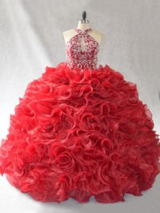 Beading and Ruffles 15th Birthday Dress Red Lace Up Sleeveless Brush Train