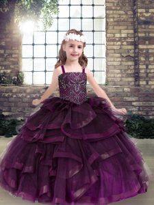 Eggplant Purple Lace Up Girls Pageant Dresses Beading and Ruffles Sleeveless Floor Length
