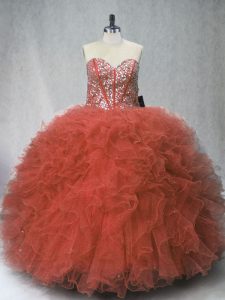 High Class Rust Red Sleeveless Tulle Lace Up 15th Birthday Dress for Sweet 16 and Quinceanera