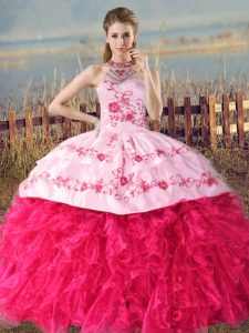 Dazzling Court Train Ball Gowns 15 Quinceanera Dress Hot Pink Halter Top Organza Sleeveless Lace Up