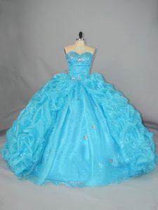 Artistic Blue Sleeveless Floor Length Embroidery and Ruffles Lace Up Quinceanera Dress