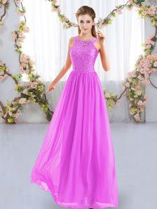 Glamorous Floor Length Zipper Quinceanera Court of Honor Dress Fuchsia for Wedding Party with Lace