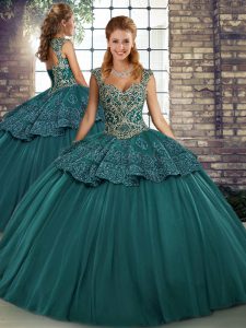 Top Selling Sleeveless Floor Length Beading and Appliques Lace Up 15 Quinceanera Dress with Green