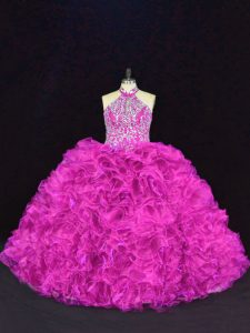 Organza Halter Top Sleeveless Lace Up Beading and Ruffles Sweet 16 Dress in Fuchsia