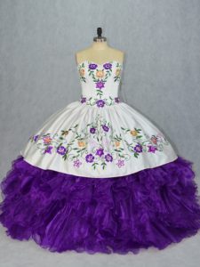 Luxurious White And Purple Ball Gowns Organza Sweetheart Sleeveless Embroidery and Ruffles Floor Length Lace Up Sweet 16 Dress