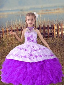 Sleeveless Lace Up Floor Length Beading and Embroidery and Ruffles Little Girls Pageant Dress