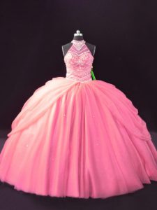 Pink Ball Gowns Beading and Pick Ups Vestidos de Quinceanera Lace Up Tulle Sleeveless