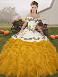 Traditional Floor Length Lace Up 15 Quinceanera Dress Gold for Military Ball and Sweet 16 and Quinceanera with Embroidery and Ruffles