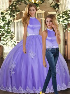 Lavender Ball Gowns Halter Top Sleeveless Tulle Floor Length Backless Appliques 15 Quinceanera Dress