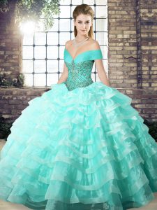 Apple Green Lace Up Off The Shoulder Beading and Ruffled Layers 15th Birthday Dress Organza Sleeveless Brush Train
