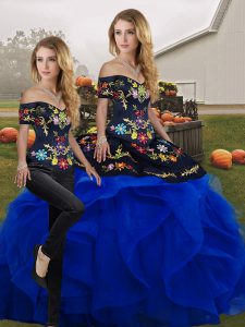 Blue And Black Lace Up Off The Shoulder Embroidery and Ruffles Quinceanera Dress Tulle Sleeveless