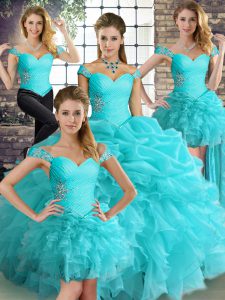 Aqua Blue Sleeveless Beading and Ruffles and Pick Ups Floor Length Ball Gown Prom Dress