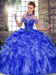 Noble Blue Sleeveless Organza Lace Up 15 Quinceanera Dress for Military Ball and Sweet 16 and Quinceanera