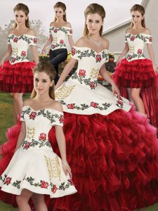 Wine Red Lace Up Off The Shoulder Embroidery and Ruffled Layers Quinceanera Gown Organza Sleeveless