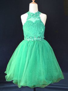 New Style Beading and Lace Kids Formal Wear Green Lace Up Sleeveless Mini Length