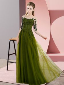 Colorful Floor Length Olive Green Dama Dress for Quinceanera Bateau Half Sleeves Lace Up