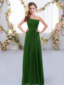 One Shoulder Sleeveless Vestidos de Damas Floor Length Ruching Dark Green Chiffon