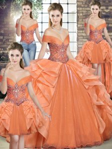 Exceptional Orange Off The Shoulder Neckline Beading and Ruffles Quinceanera Dress Sleeveless Lace Up