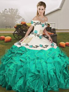 Gorgeous Off The Shoulder Sleeveless Organza Quinceanera Gowns Embroidery and Ruffles Lace Up