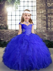Blue Straps Lace Up Beading and Ruffles Little Girls Pageant Dress Wholesale Sleeveless