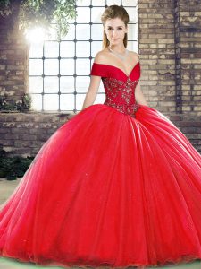 Organza Off The Shoulder Sleeveless Brush Train Lace Up Beading Sweet 16 Quinceanera Dress in Red